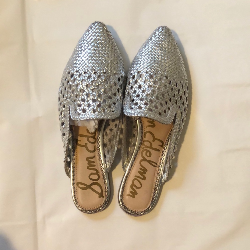 Sam Edelman Clara Woven silver metallic flat slide